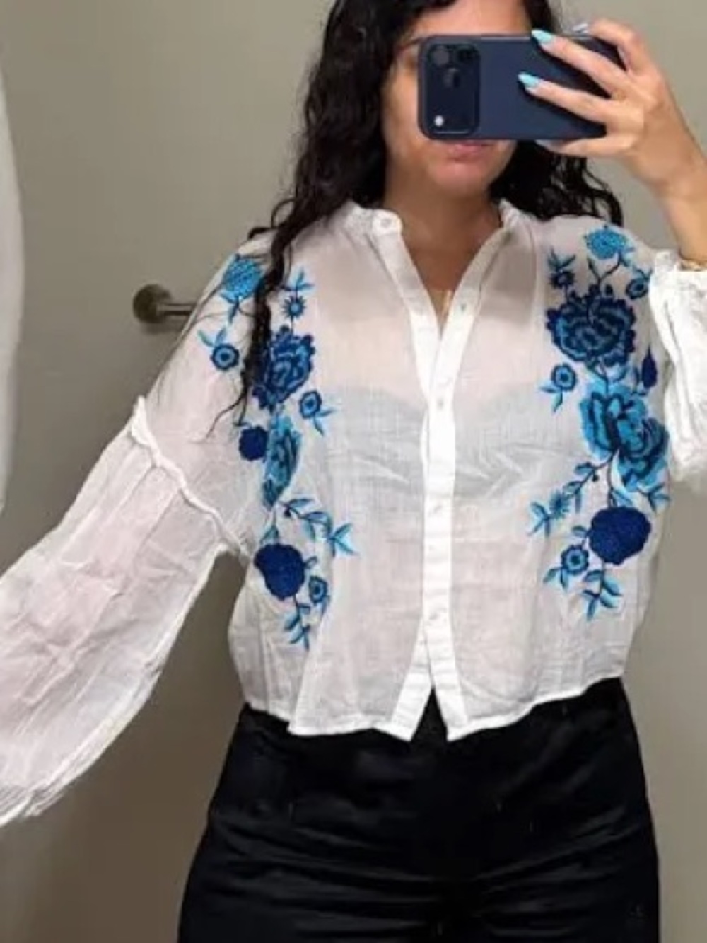 VTG ZARA Embroidered Gauze Blouse Floral Boho Coastal,Exposed Raw Seams,Size L
